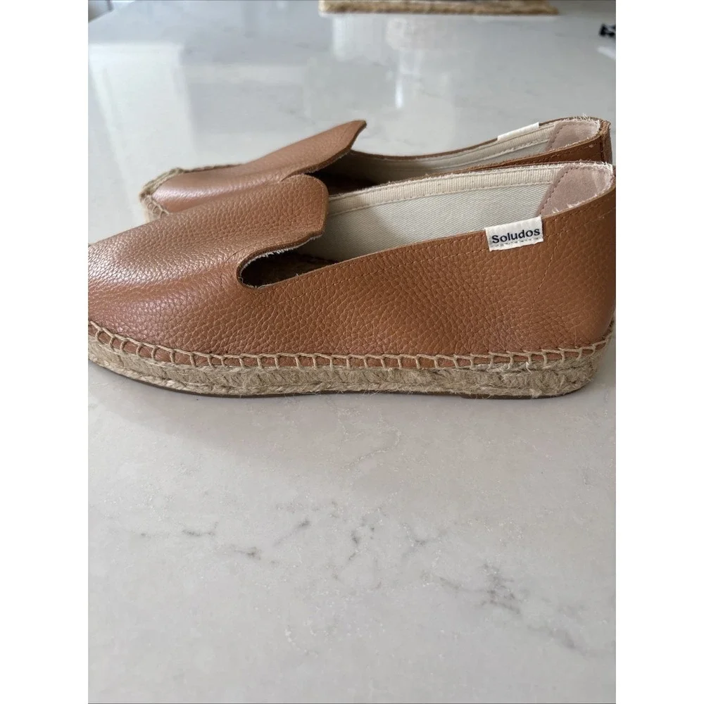 Soludos Espadrilles Camel Brown Leather Platform Slip On Sandal 8 Smoking Shoe